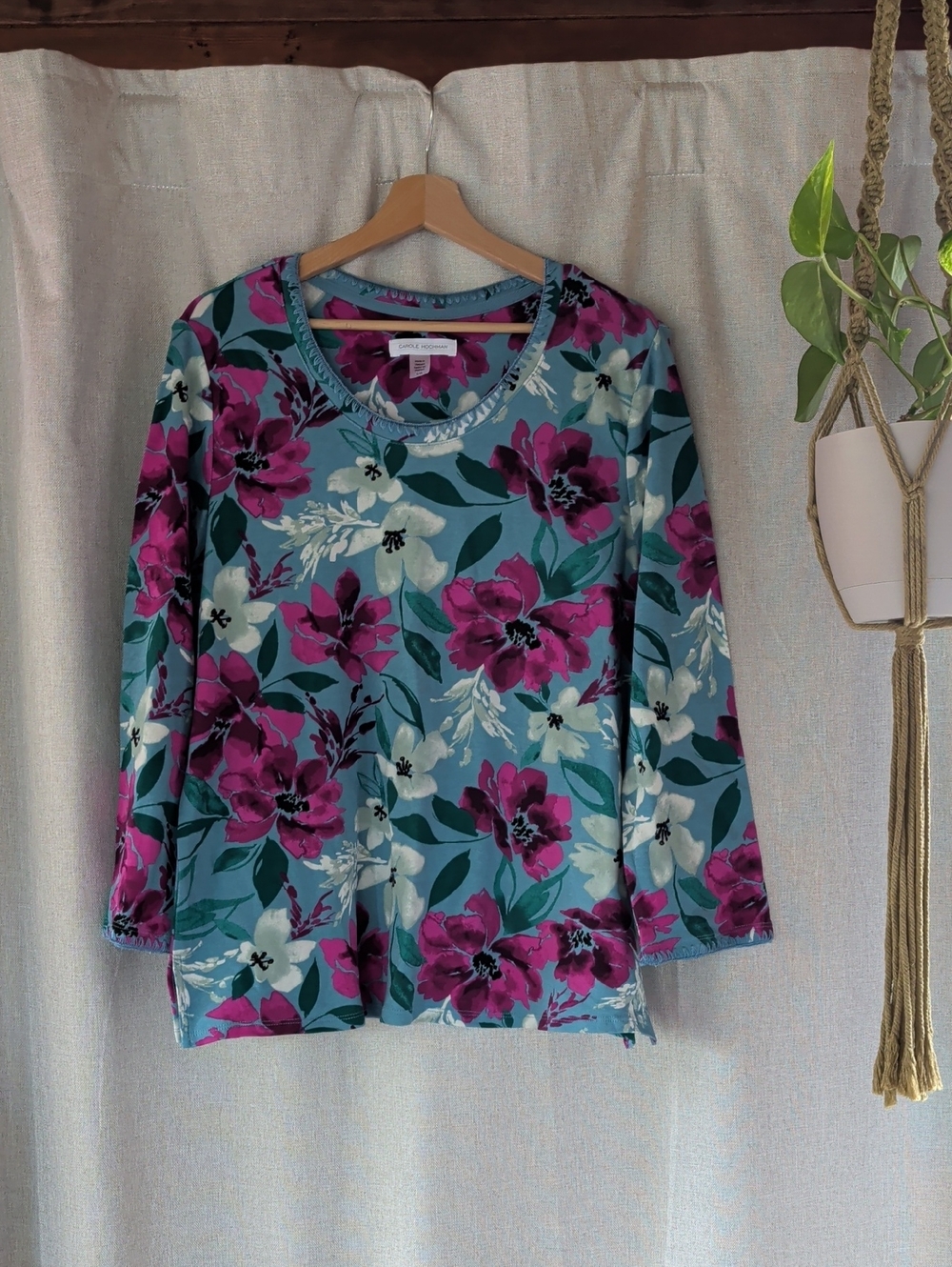 Midnight by Carole Hochman Teal Floral Long-Sleeve Tee with Magenta Blooms
